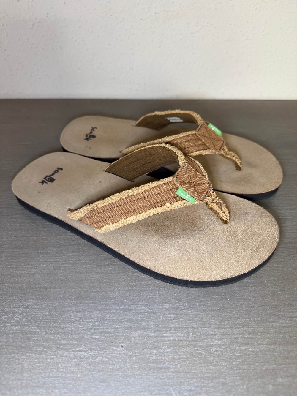 Sanuk Fraid Not Mens Size 9 Brown Leather Suede Hemp Canvas Flip Flops Sandals